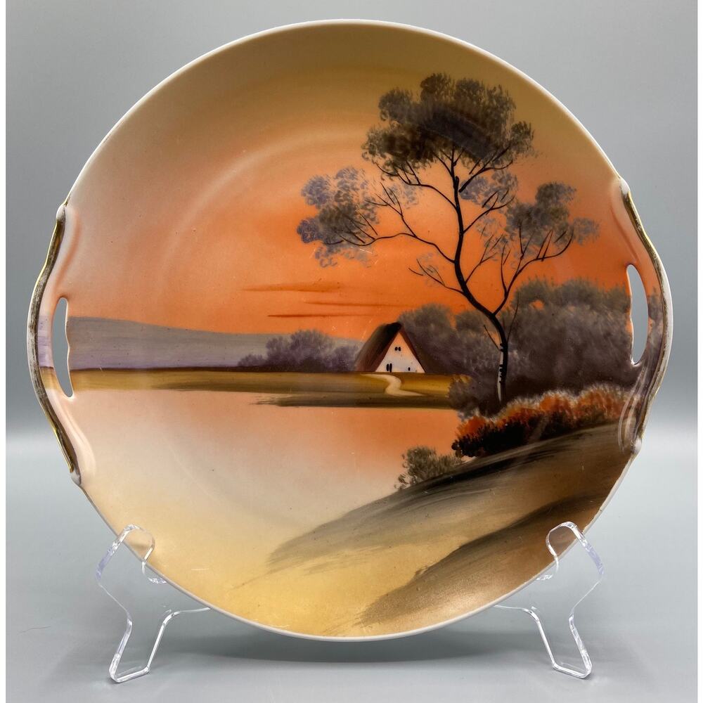Vintage Noritake Tree Meadow House Lake Scenic Hand Painted Plate Sunset Japan